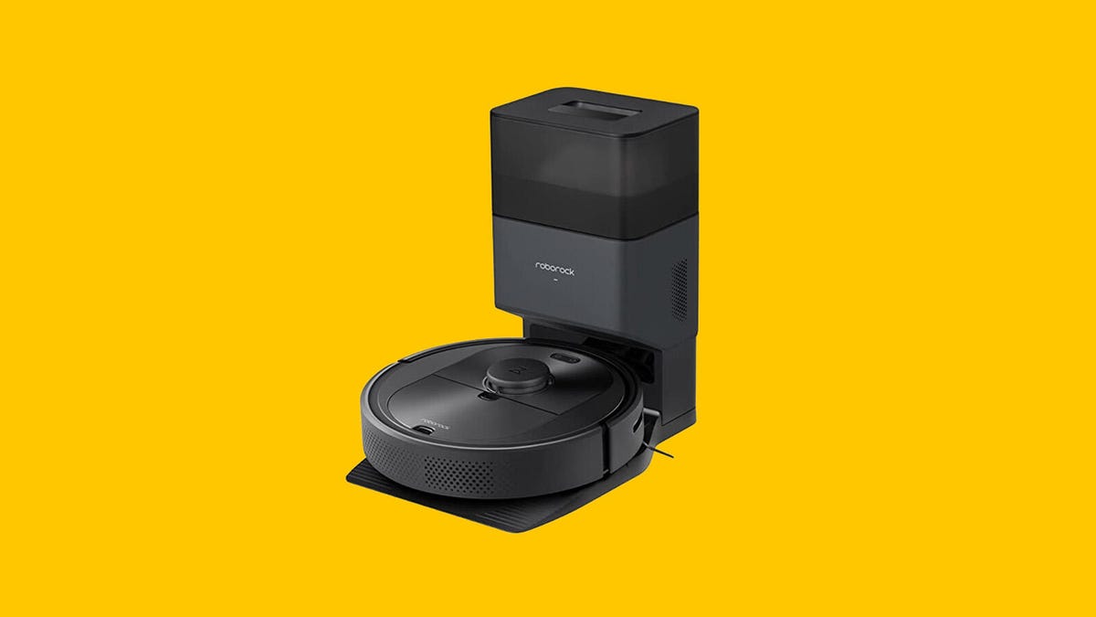 The Roborock Q5 Plus robot vacuum with self-empty base is displayed against a yellow background.