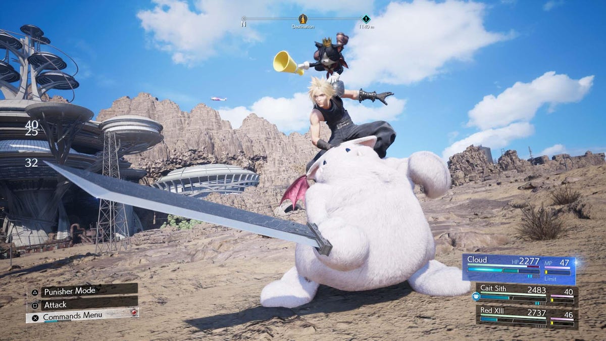 A combat scene shows a combo attack wherein Cloud, with the cat Cait Sith atop him, ride a white fluffy moogle-bot brandishing Cloud's massive sword. It rules.
