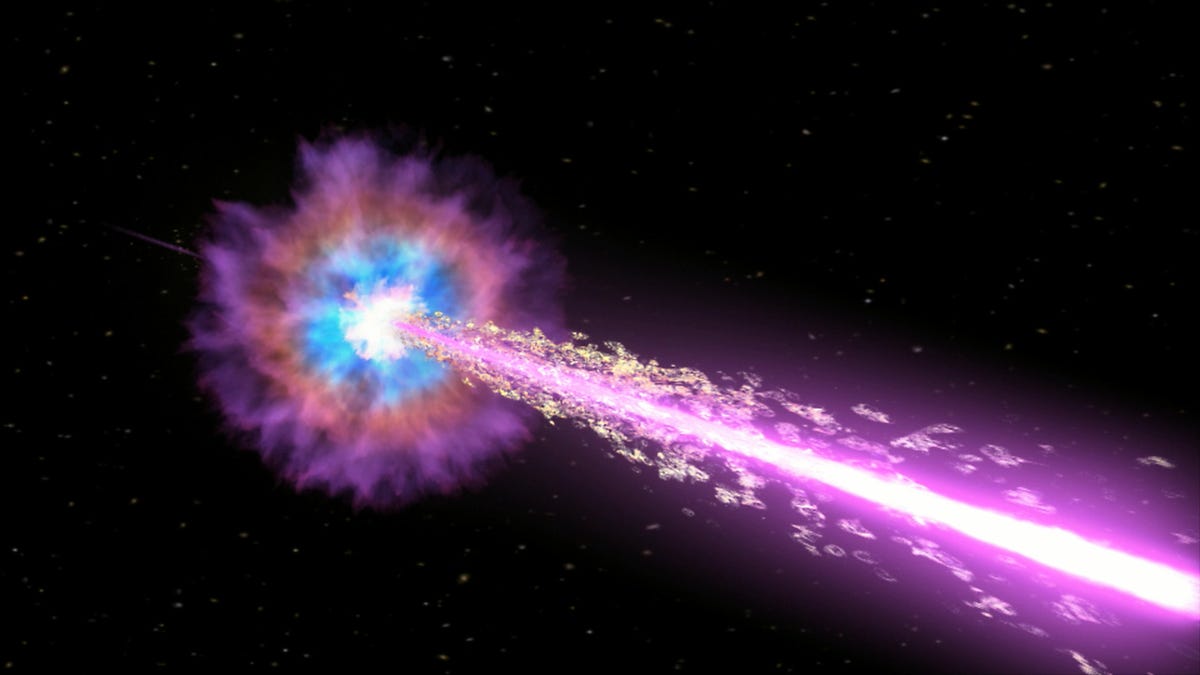 An illustration depicting the GRB. A bright purple, neon jet shoots out from a blue, dusty rose and neon purple supernova.