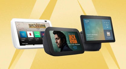 Various Echo Show devices from Amazon are displayed against a yellow background.