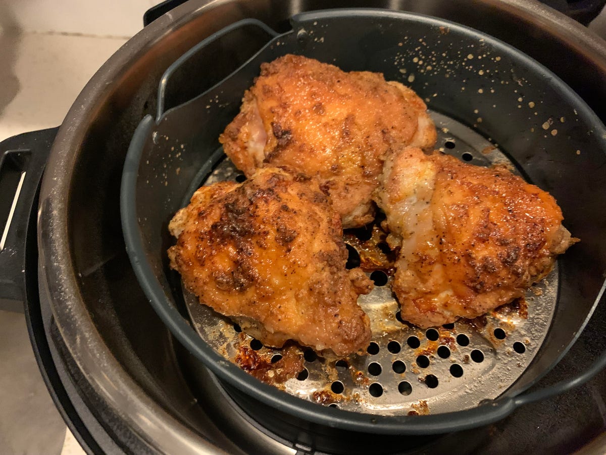 Crispy fried chicken in an Instant Pot air fryer lid