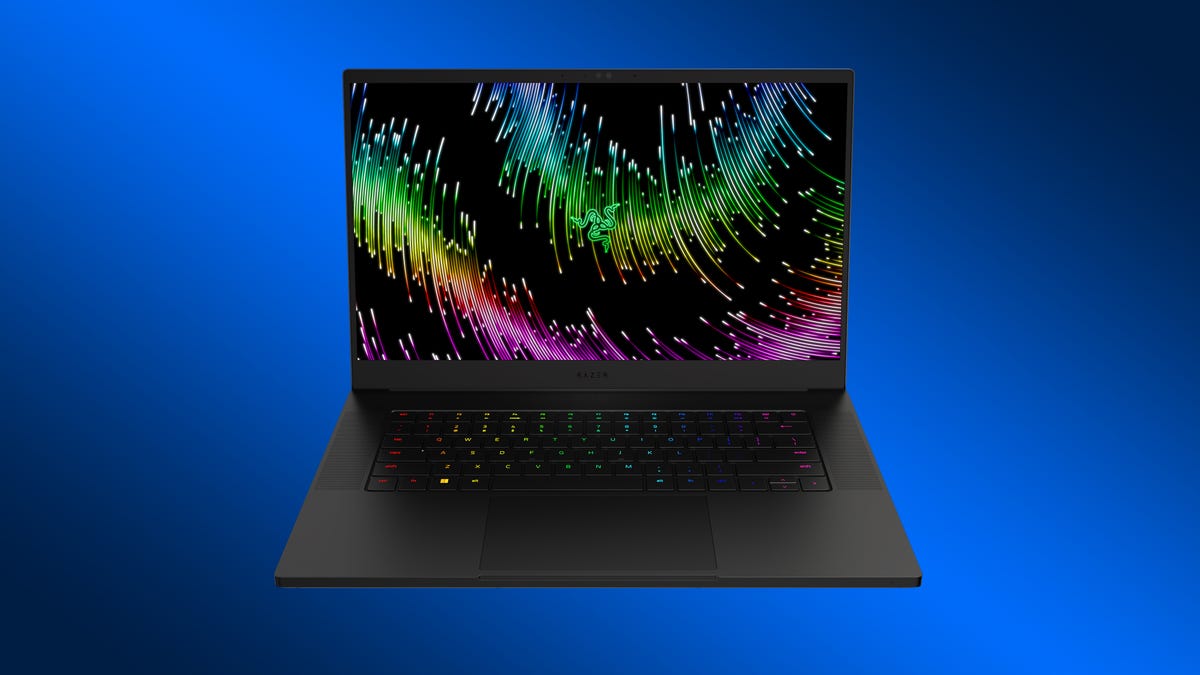 Render of the Razer Blade 15 facing you and open