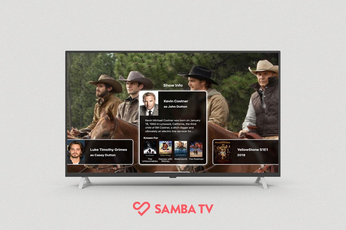 A TV is paused on a scene from the show Yellowstone, revealing informational popups with details about actors Luke Grimes and Kevin Costner and episode information.