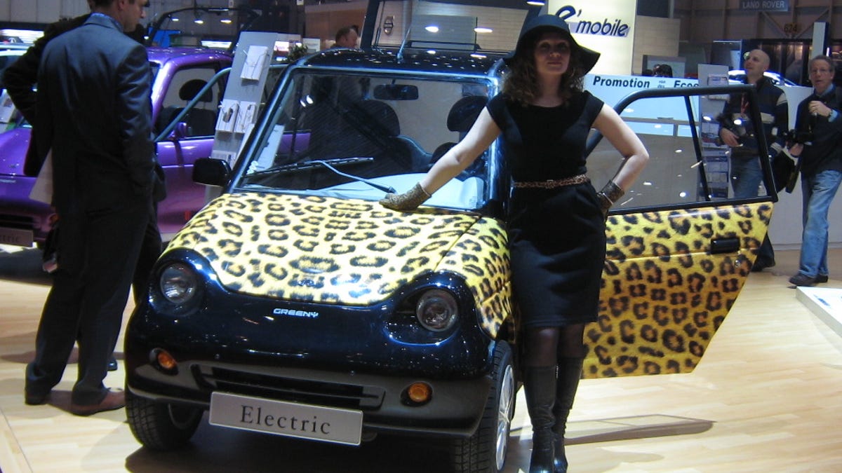 The Greeny is an electric city car, shown here in leopard print.