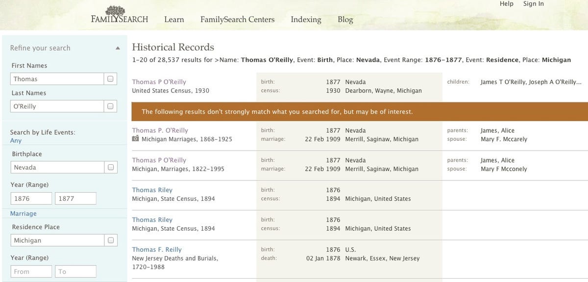 FamilySearch.org search results page