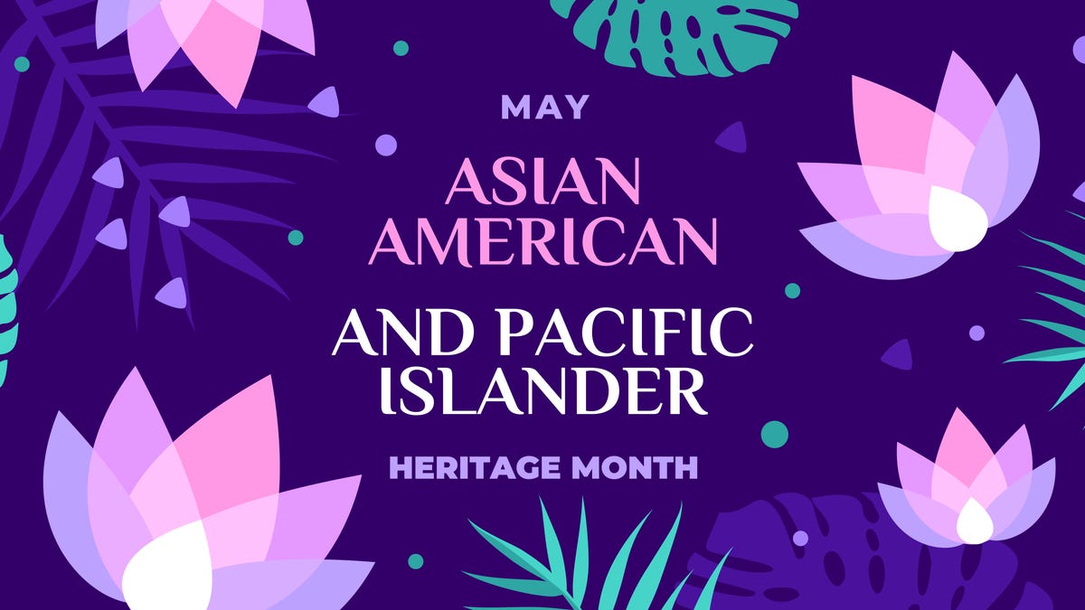 purple and pink design with flowers celebrating Asian American Pacific Islander Heritage Month