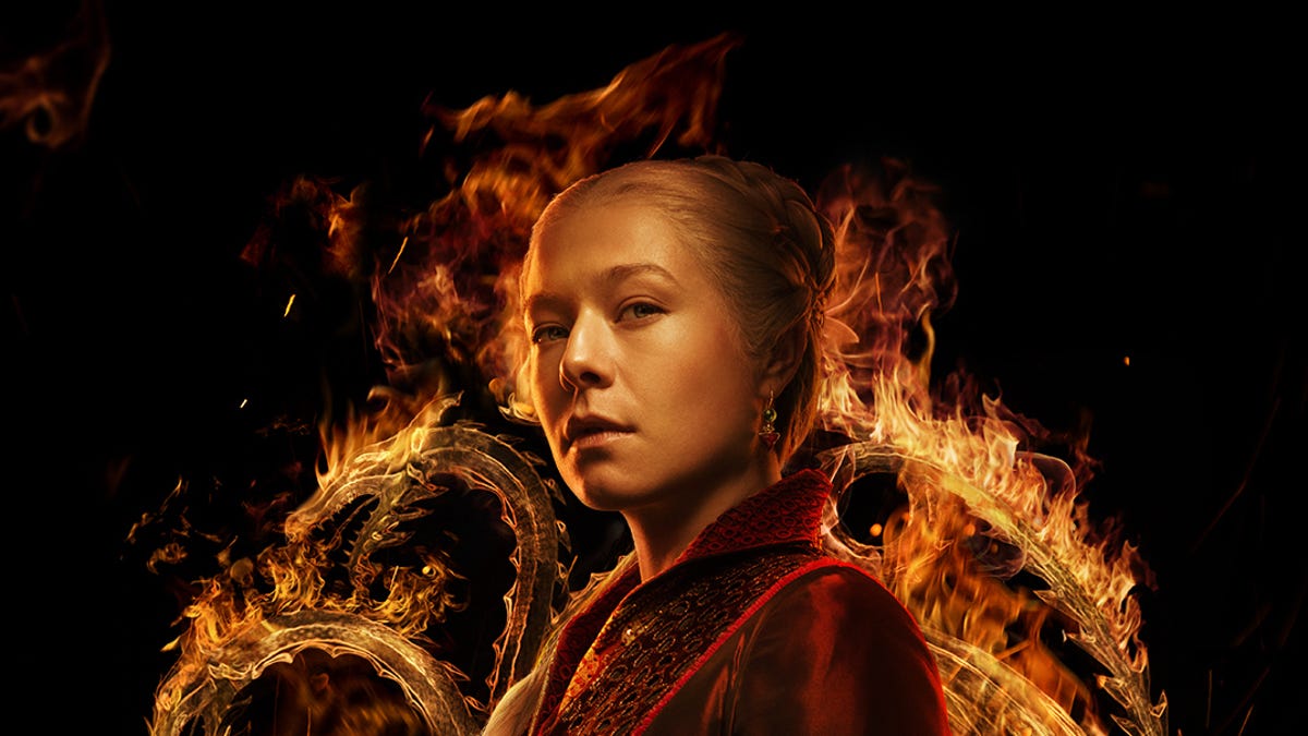 Rhaenyra Targaryen surrounded by fire against a black background in a House of the Dragon character