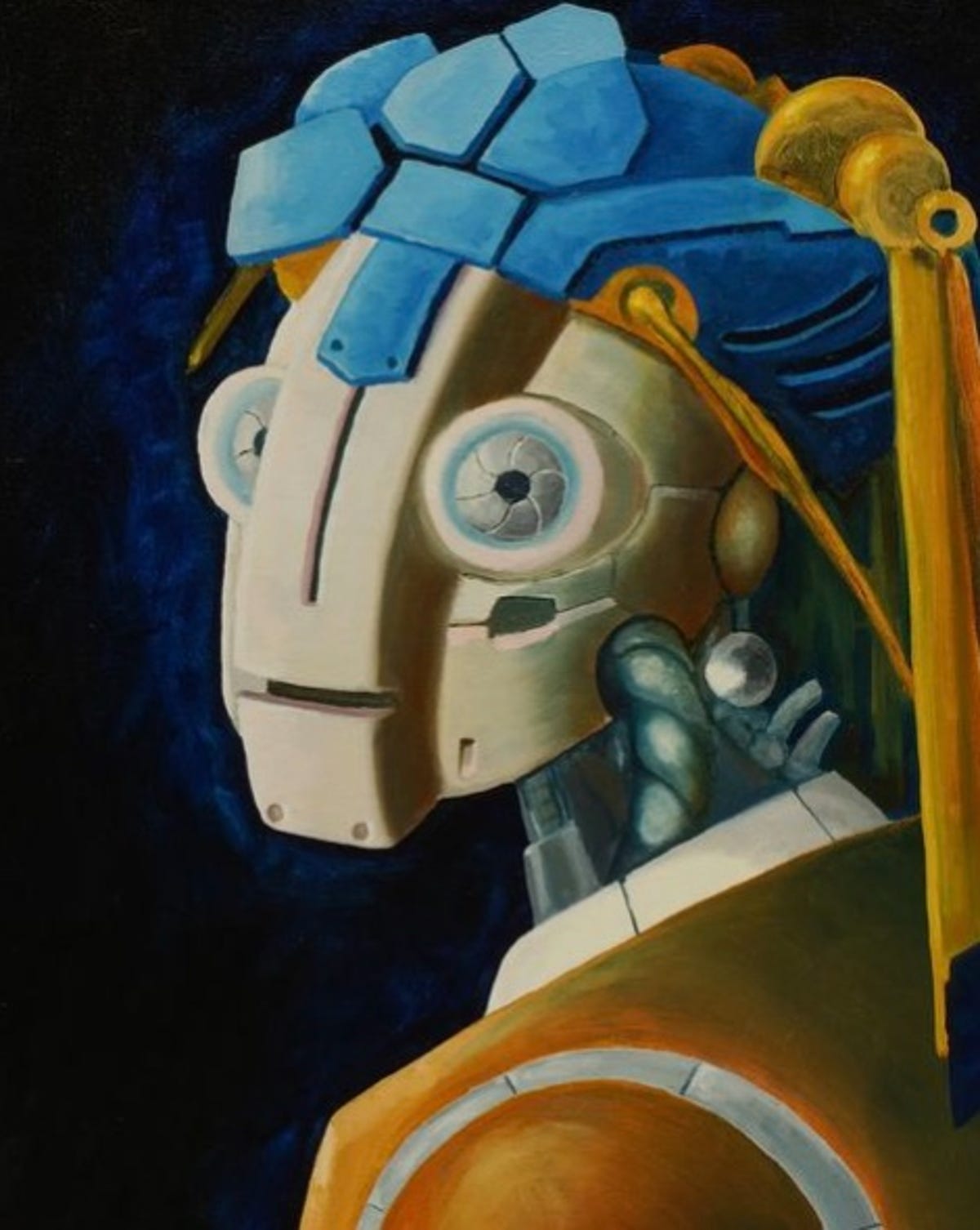 A girl with a pearl earring in which a robot appears instead of a girl