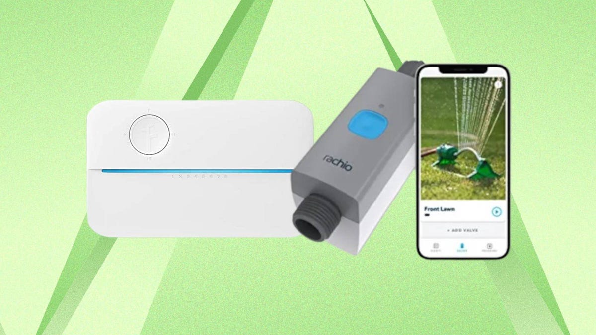 The Rachio smart hose timer and the Rachio 3 smart sprinkler controller are displayed against a green background.