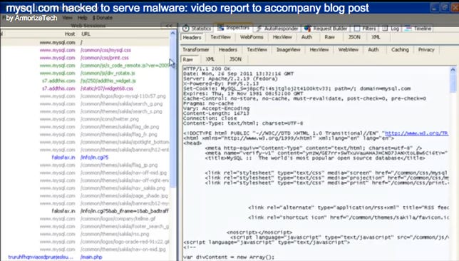 This screenshot is from the Armorize video created to show exactly how a visitor to MySQL.com was infected before the infection was cleaned up.