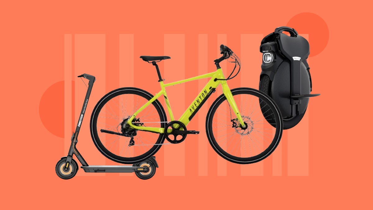 Various rideables including electric scooters and e-bikes are displayed against an orange background.
