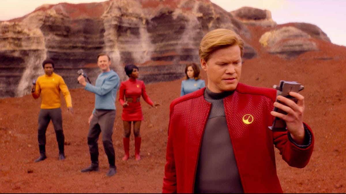 Characters in a Black Mirror episode satirizing Star Trek explore a planet
