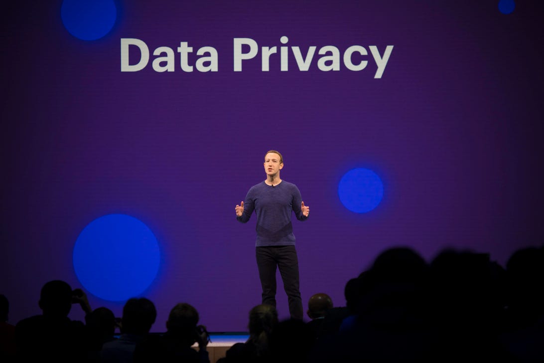 Mark Zuckerberg under "Data Privacy" sign