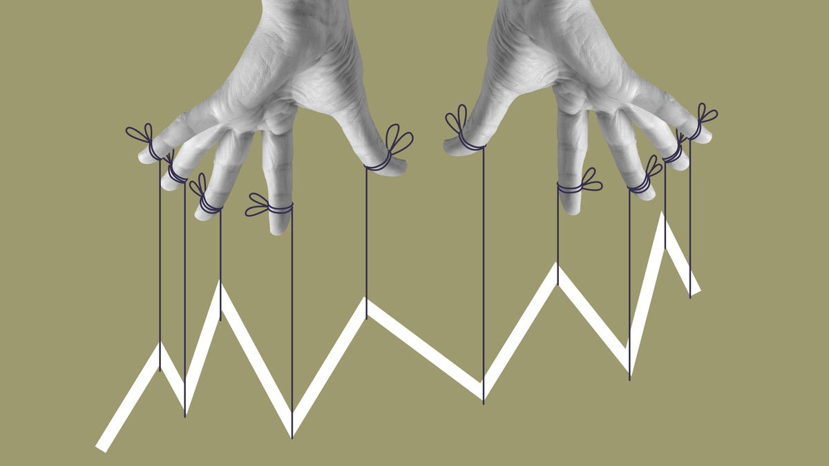 A pair of puppeteer hands controlling a stock market graph