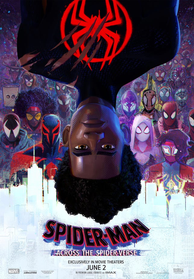 An upside-down, unmasked Miles Morales hangs in front of an army of Spider-People