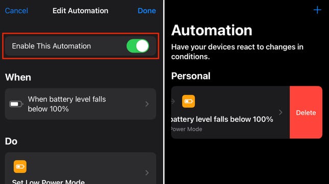 2 iPhone screenshots showing how to turn off automatic low power mode