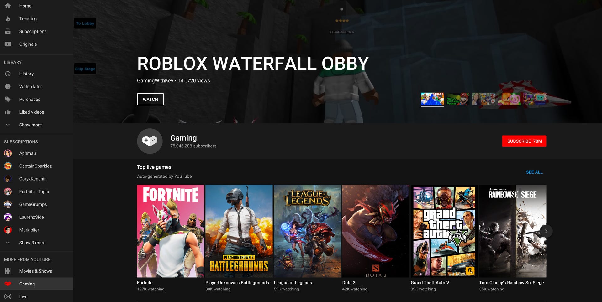 Screenshot of YouTube's new gaming interface, with tiles of videos on a black background