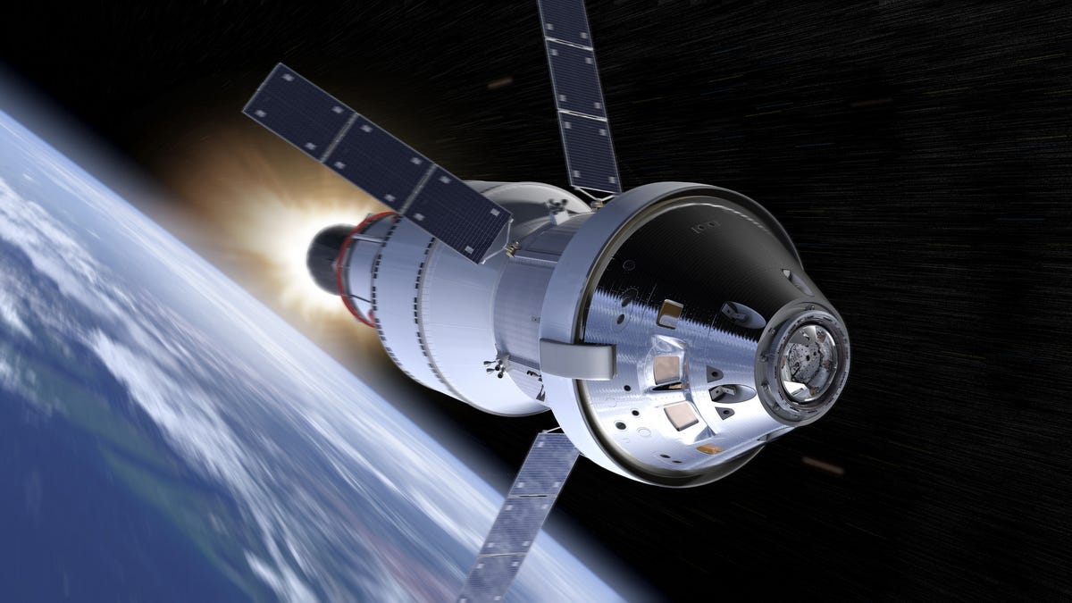 An illustration of the Orion spacecraft barreling through space, in the bottom left, Earth is seen in the background.