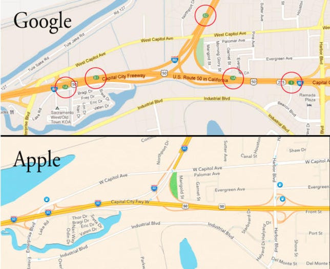 Differences in highway exits between Google Maps and Apple's iOS 6 Maps.