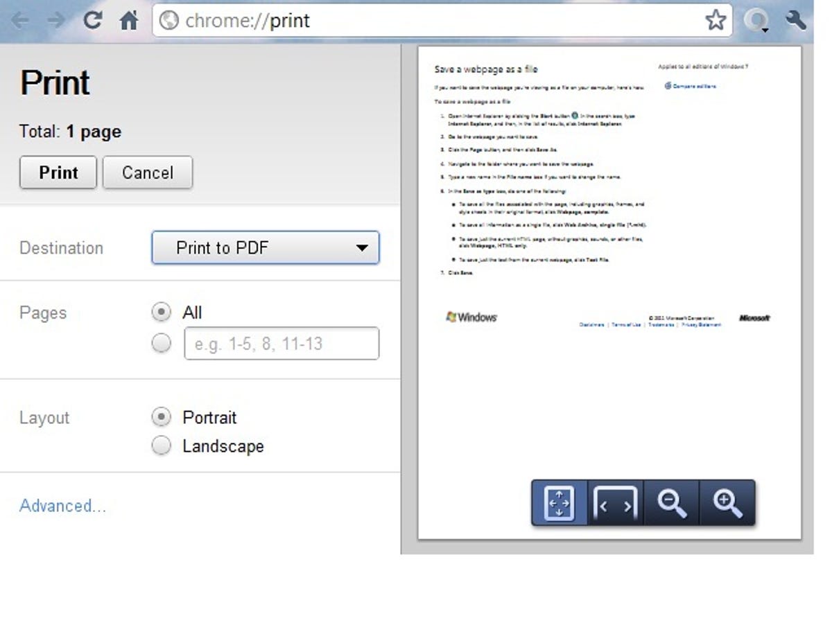 Google Chrome print-to-PDF options in Windows