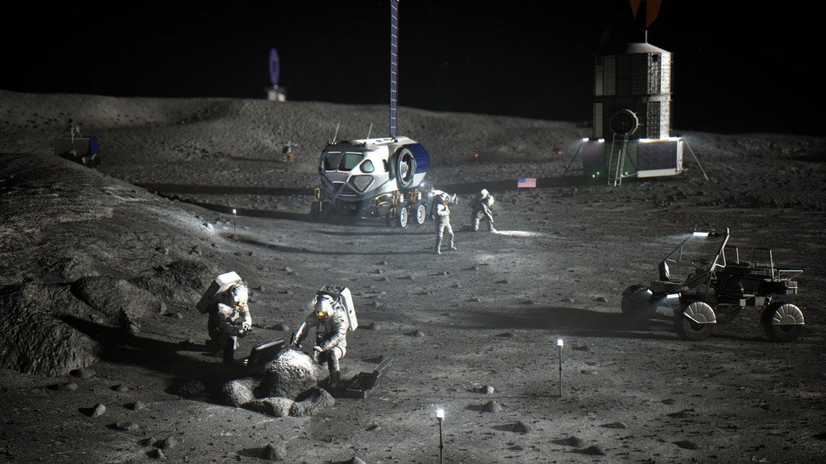 On the powdery gray lunar surface, astronauts are seen working away with an LTV, another type of vehicle, a few structures and other things that comprise a potential base camp for the future.