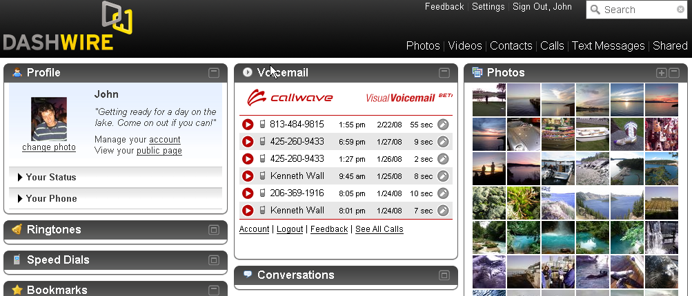 Dashwire's flexible dashboard includes CallWave visual voice mail