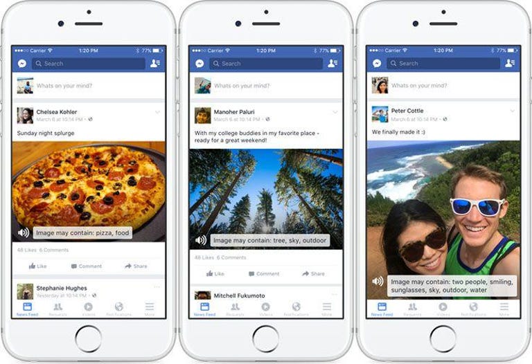 Three views of Facebook's automatic alt text, which uses object recognition technology to create a description of an image.