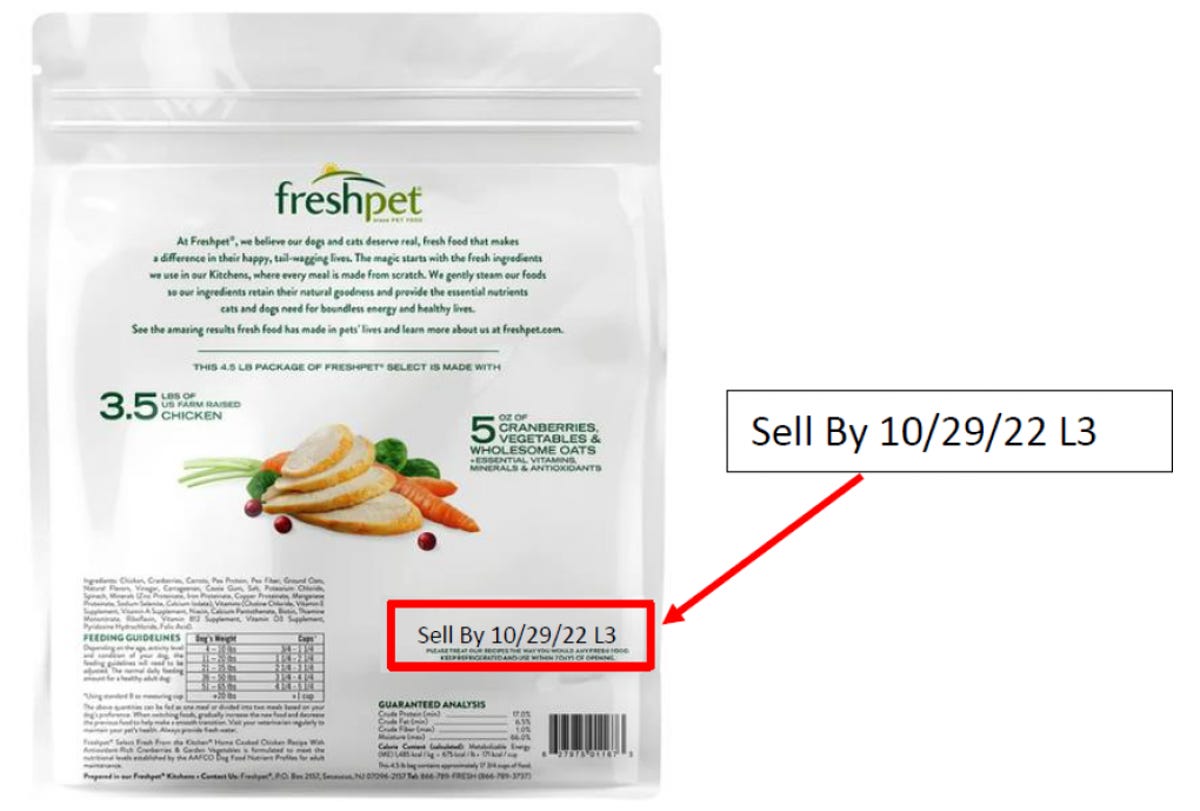 A highlighted sell by date on a recalled bag of Freshpet dog food