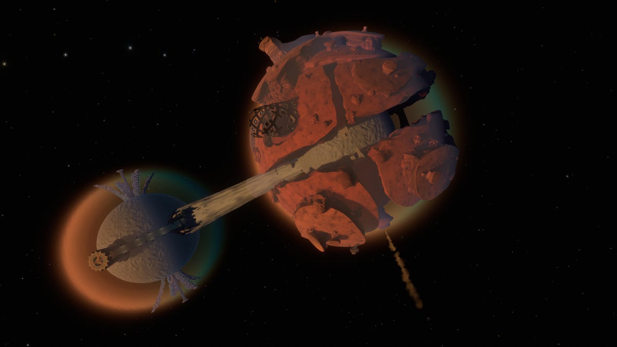In Outer Wilds, a pillar of sand connects two planets