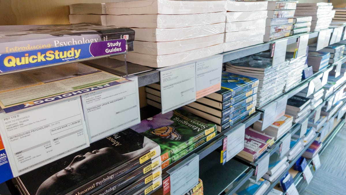 Textbooks on shelves