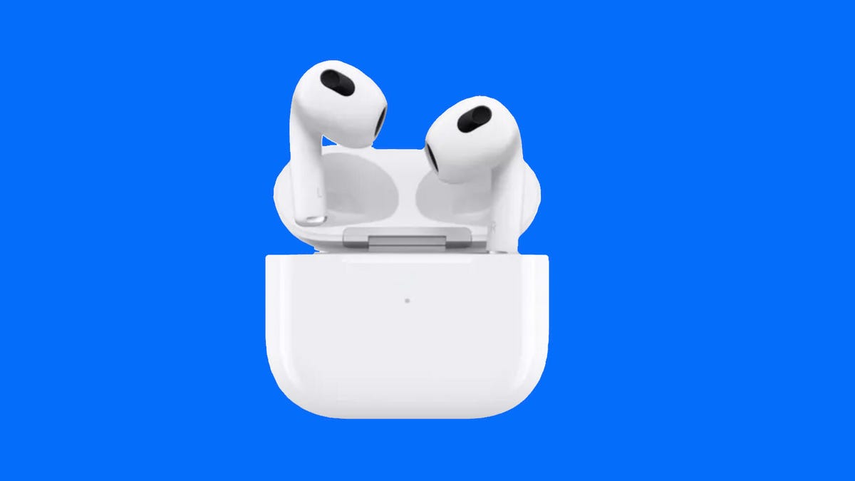 Apple Airpods 3 with MagSafe case against a white background.