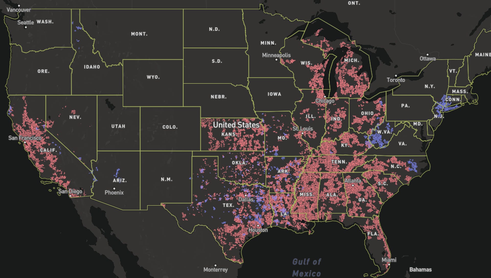 A coverage map comparing AT&T and Optimum