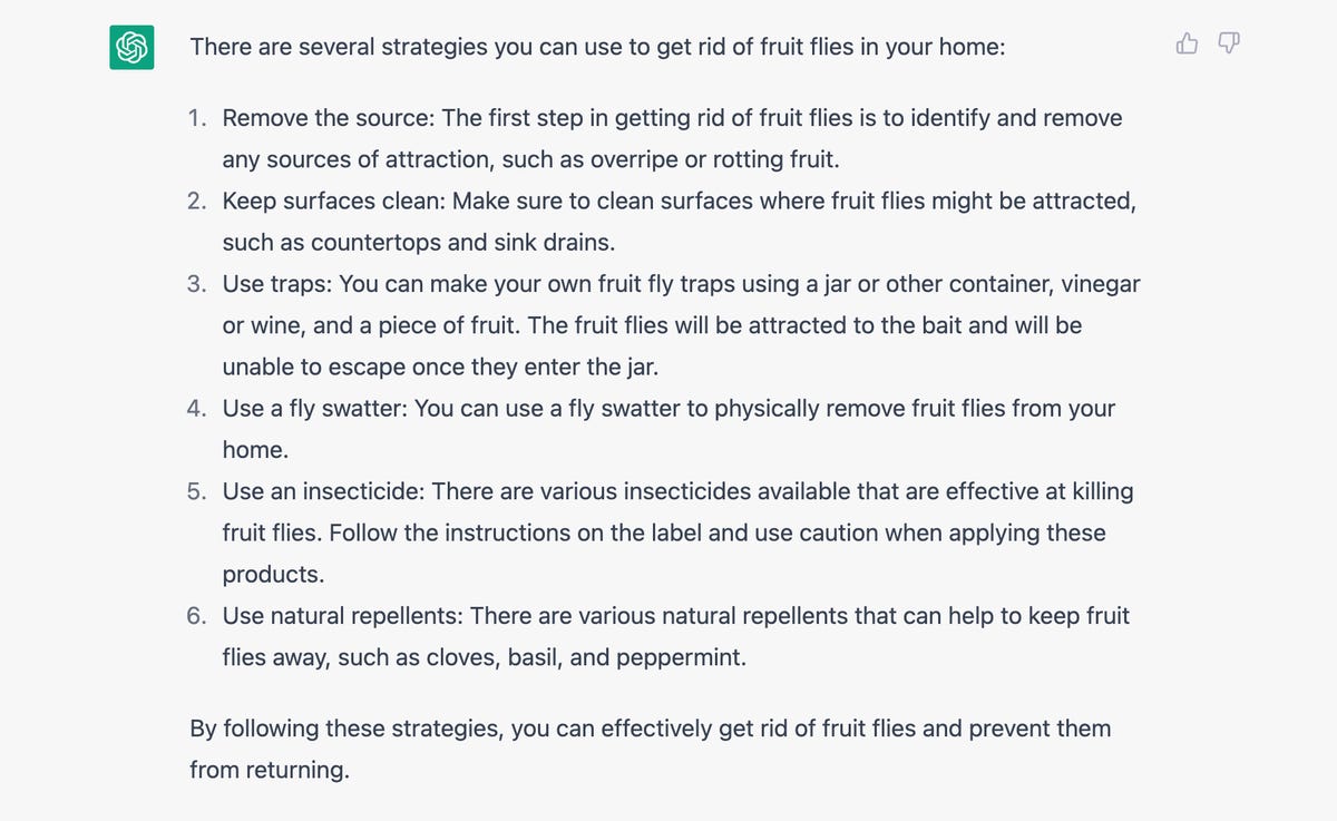 A screenshot of a response from ChatGPT to a question about how to get rid of fruit flies