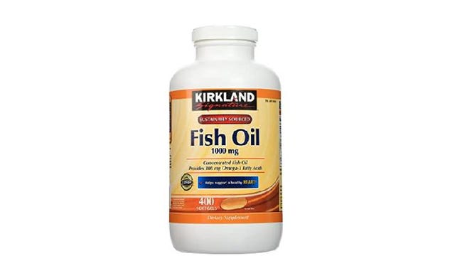 Bottle of a Kirkland Signature Fish Oil supplement.