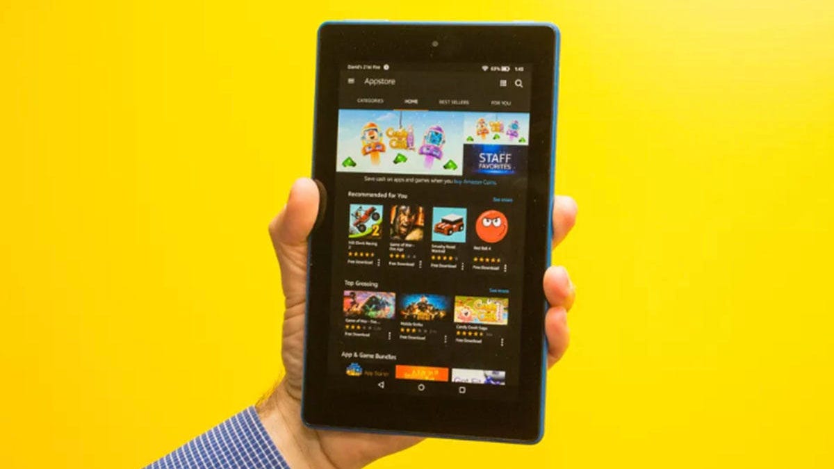 Amazon Fire Tablet with App Store showing on screen