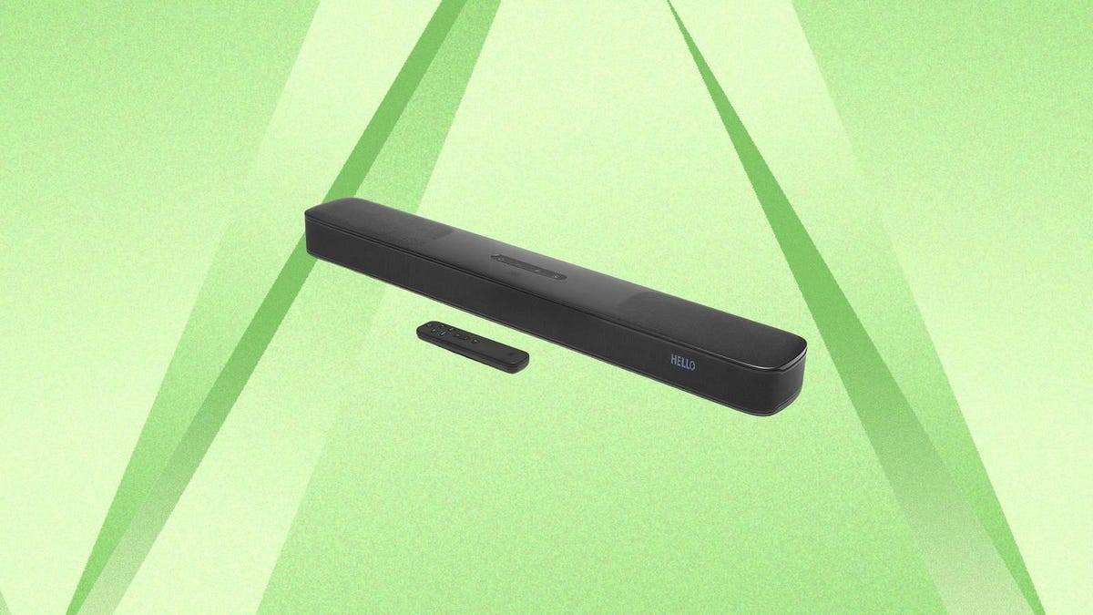 A black JBL soundbar and remote against a green background.