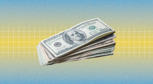 stack of 100 dollar bills against a blue/yellow grid background