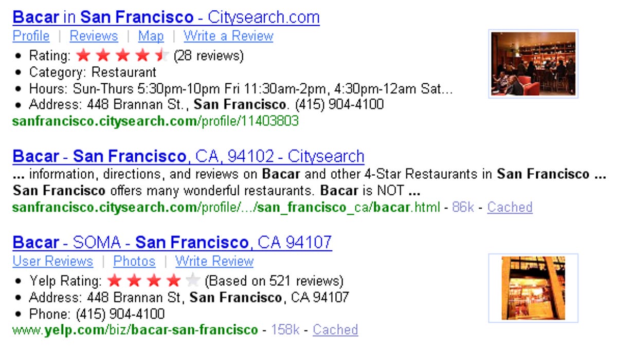 A Yahoo search for 'Bacar San Francisco' shows Citysearch and Yelp results spruced up via Yahoo's SearchMonkey technology.