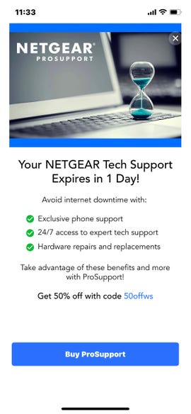 An example of a popup ad for subscription security services within the Netgear Nighthawk iOS app for managing home networks.