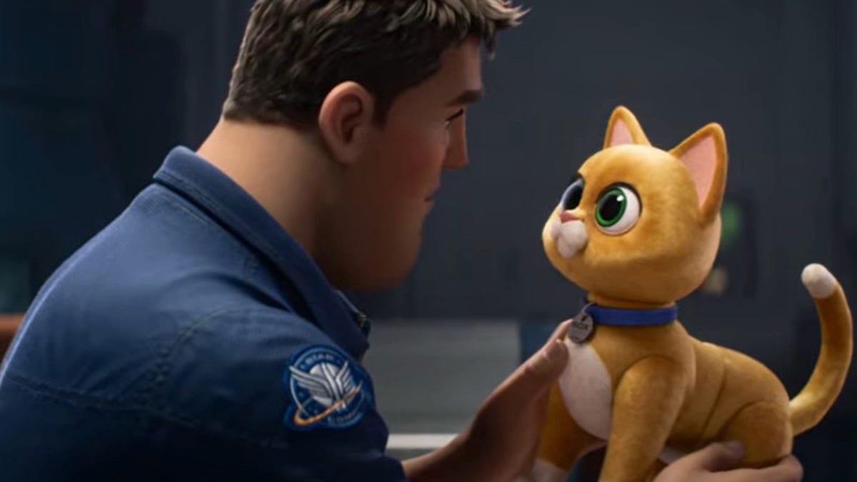 Buzz Lightyear holding Sox the robot cat