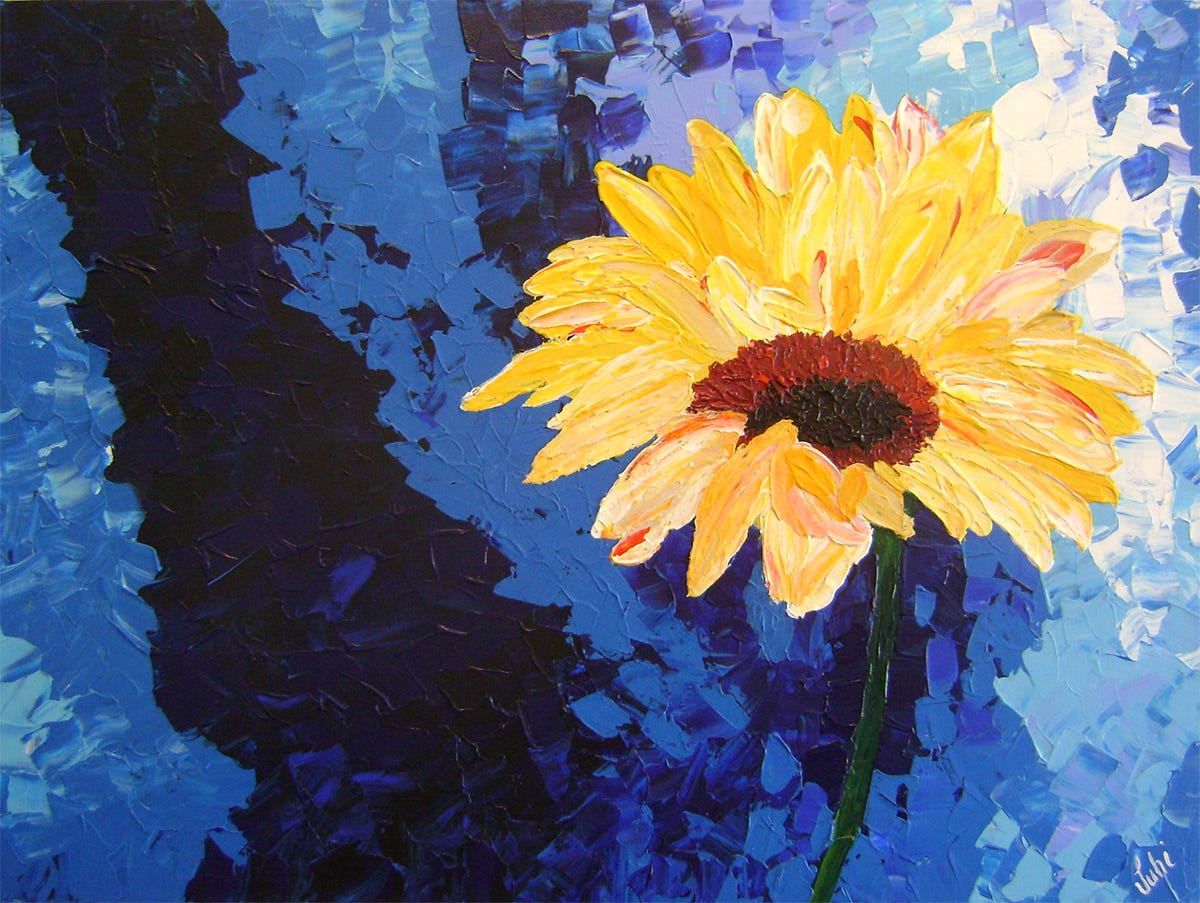 In this acrylic on canvas uploaded to the platform, a sunflower, Ukraine's national flower, 