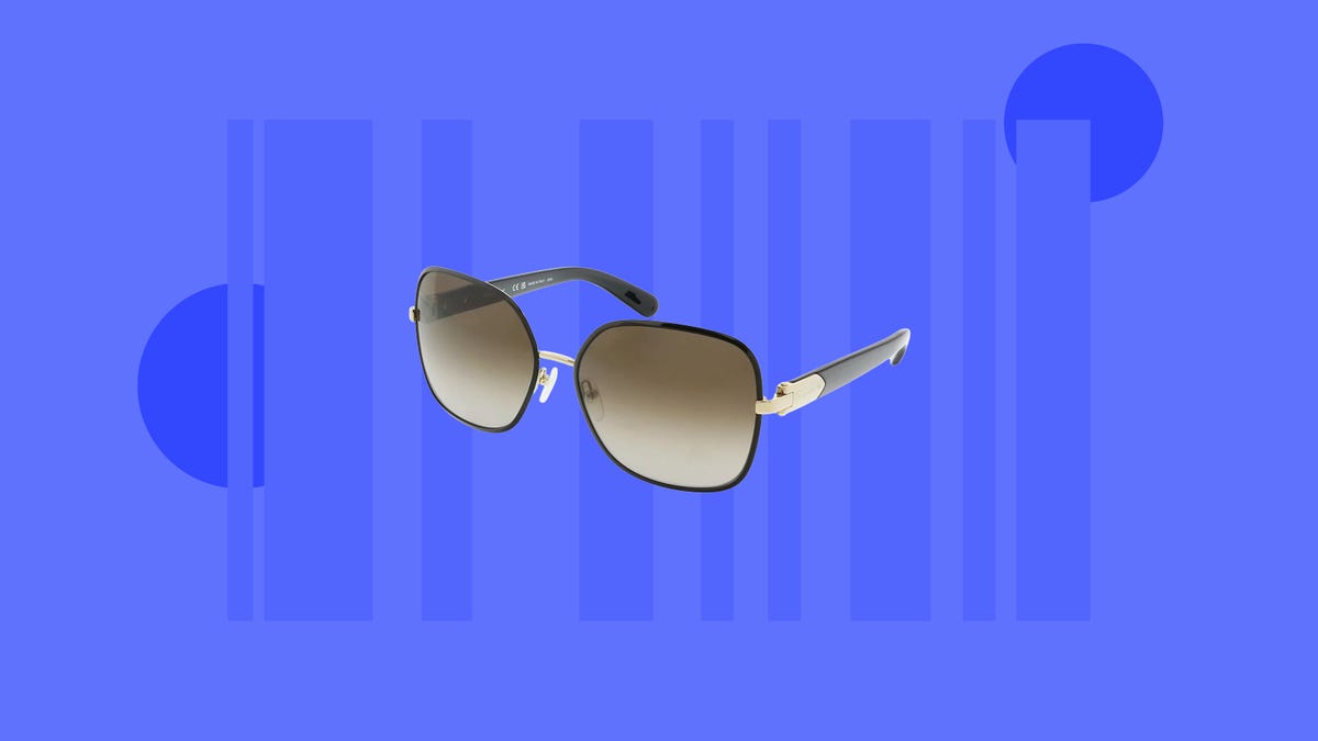 A pair of Salvatore Ferragamo sunglasses are displayed against a blue background.