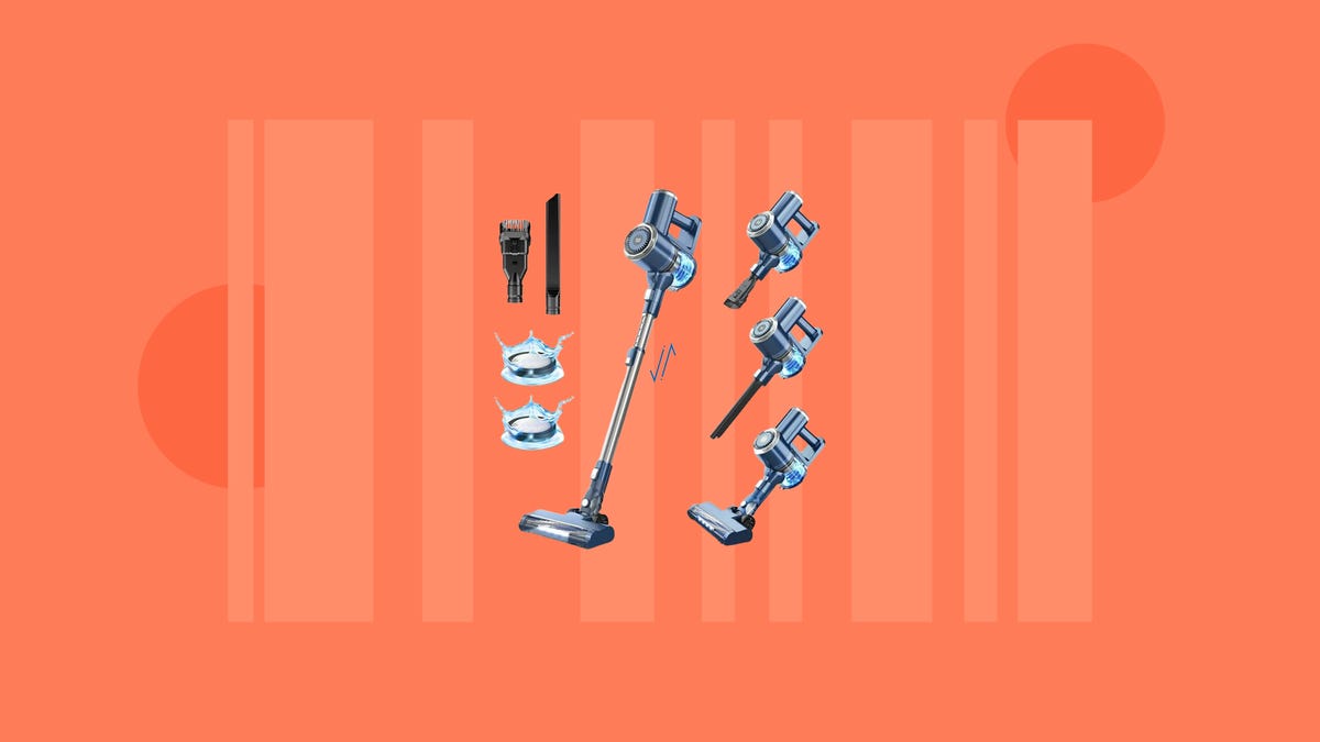 The PrettyCare cordless stick vacuum is displayed in multiple configurations and with accessories against an orange background.