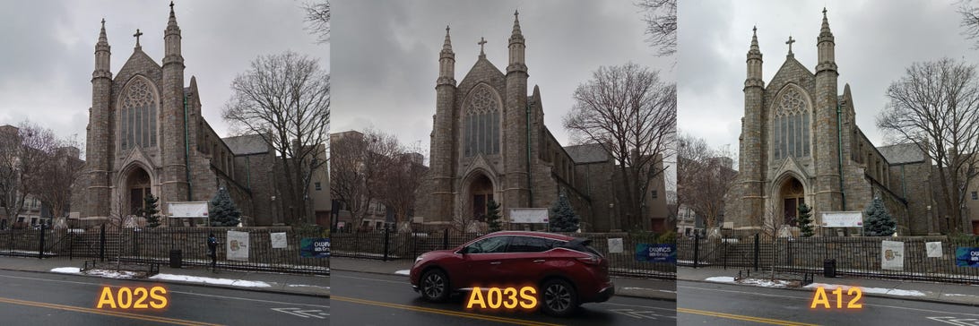 Church side by side photo from Galaxy A02S, Galaxy A03S and Galaxy A12.