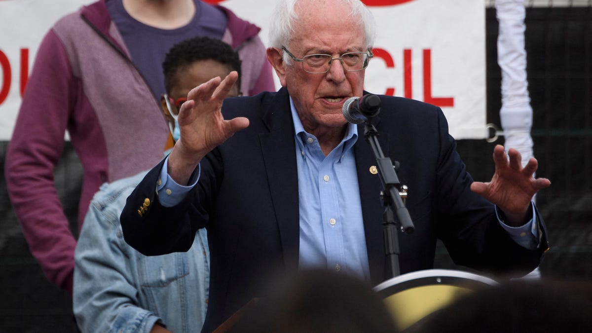 Bernie Sanders speaks at an outdoor rally supporting the Amazon union effort in Bessemer, Alabama.