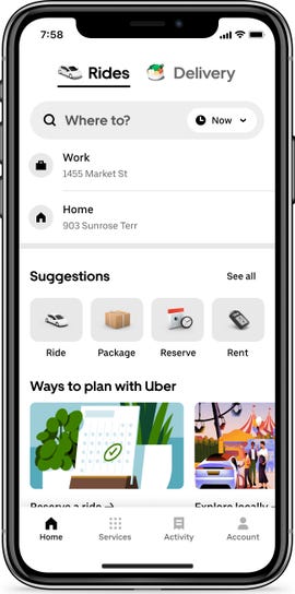 Uber's redesigned homescreen showing Rides and Delivery near the top of the screen