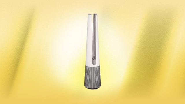 The LG PuriCare AeroTower HEPA air purifier is displayed against a yellow background.
