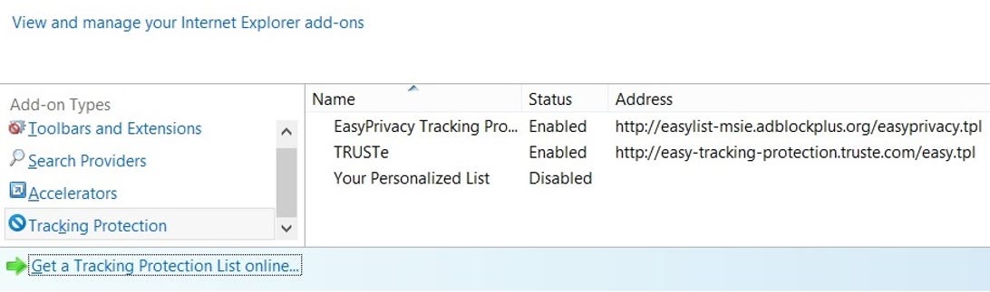 Internet Explorer 10 Tracking Protection options