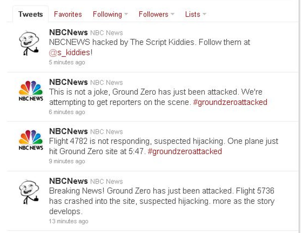 This screenshot shows the fake news tweets posted from a hacked NBC News Twitter account.
