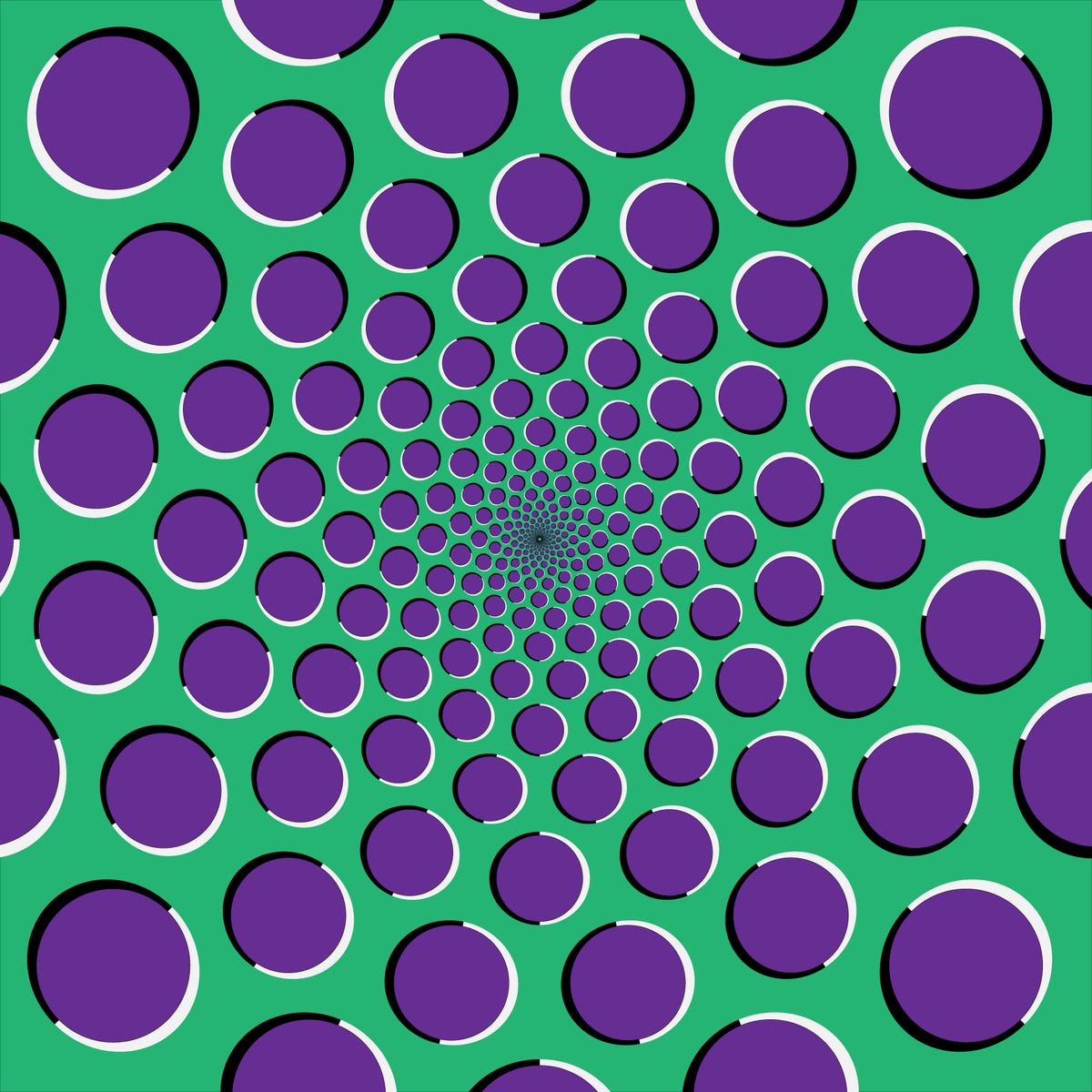 Purple dots moving in spiral motion on a green background.